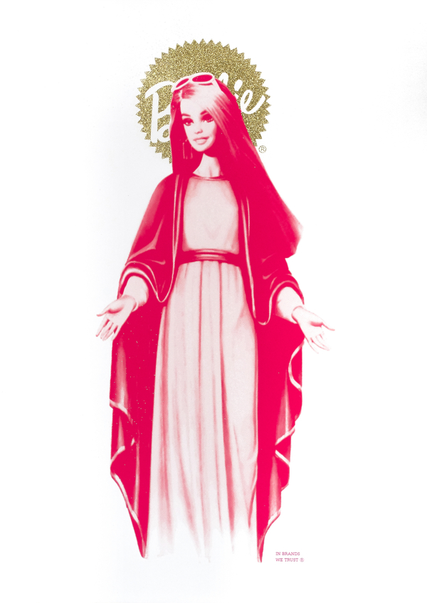 Pop-art style graphic of a representation of Mary superimposed with a Barbie head with sunglasses. Print is predominately pink with the Barbie logo in gold like a halo.