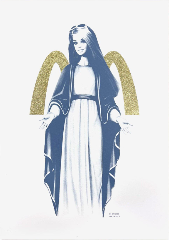 Pop-art style graphic of a representation of Mary superimposed with a Barbie head with sunglasses. Print is predominately blue with a set of Golden Arches, the McDonald's logo, behind Mary like wings.