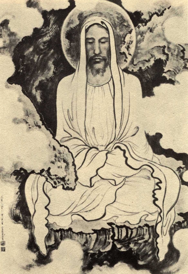 Painting of a fair-skinned man with a beard, wearing a hooded cloak, sitting in a lotus position levitating amongst clouds