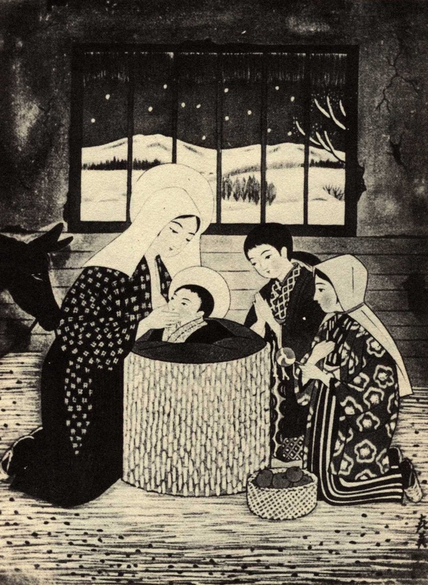 Monochrome painting of a woman, with a halo, and two children kneeling around a very young, haloed child. They are inside and in front of a paned window, where there are snowy mountains visible.