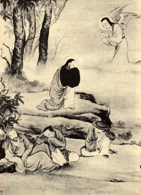 Ink painting of a male haloed figure kneeling by the bank of a river. Three other figures are seated in the foreground, and an angel in the upper right corner presents the main kneeling figure with a chalice.