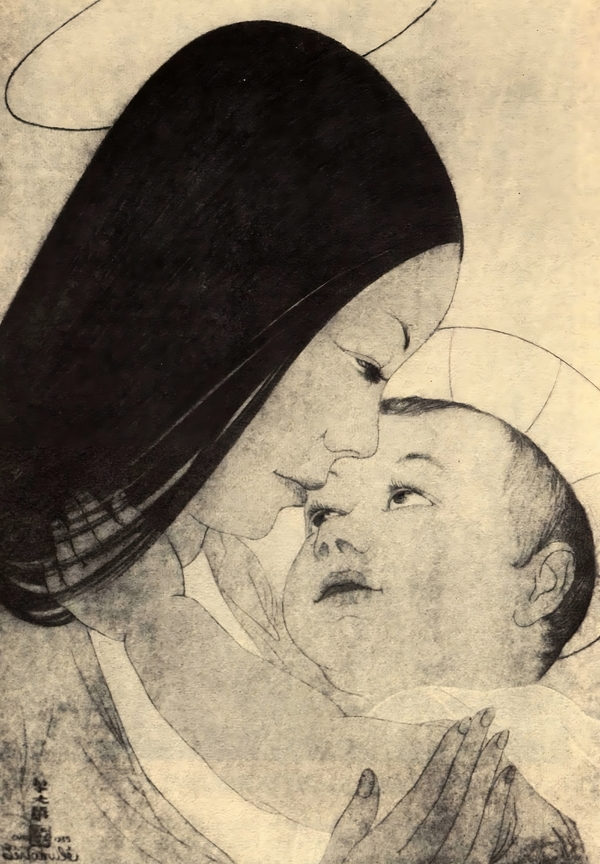 Ink painting of a woman with dark hair and light skin holding a baby with dark hair and light skin. They are both haloed and posed in the style of the Madonna and Child.