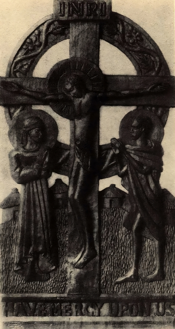 Image of a stone carving of the crucifix of Jesus with two figures on either side of the cross. Thatched roof structures are depicted in the background, and under the scene is the text, "HAVE MERCY UPON US."