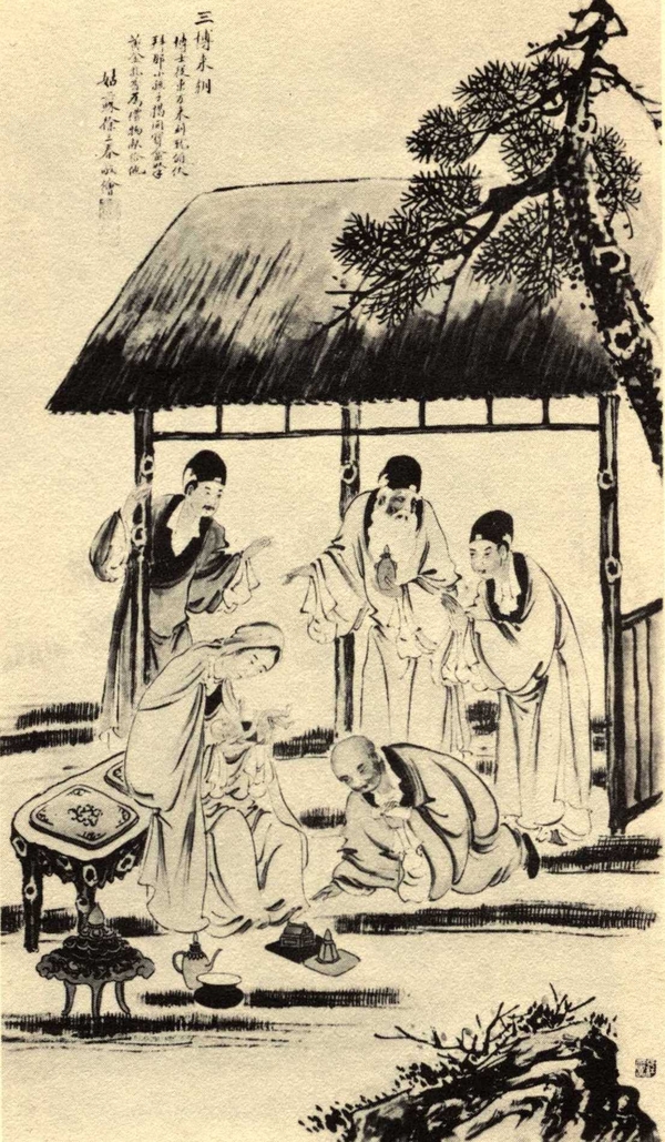 Ink painting depicting a female figure seated and holding an infant. Around these figures are four figures in robes presenting the woman with gifts. 
