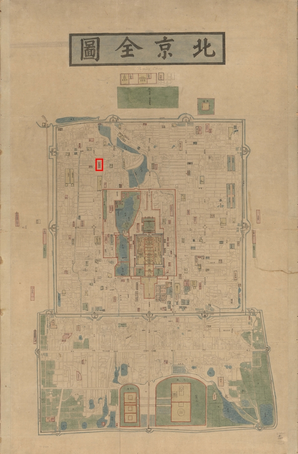 Map of Beijing in blue, green, and black ink on aged tan paper.