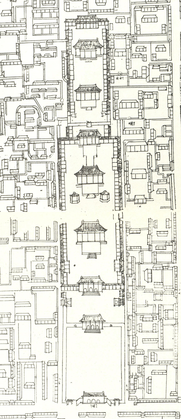 Map of Beijing detail, featuring nine central structures aligned in a column in the middle of the image. Black ink on a white background.