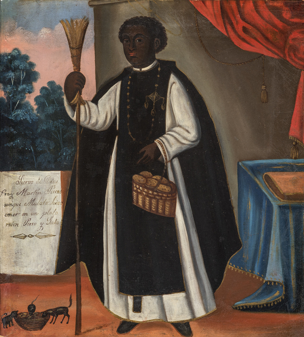A dark-skinned man with curly hair wears black and white robes and holds a long broom and a basket of bread in a portrait painting. He stands in front of stylized backdrop of curtains, foliage, and a marble block with text on it.