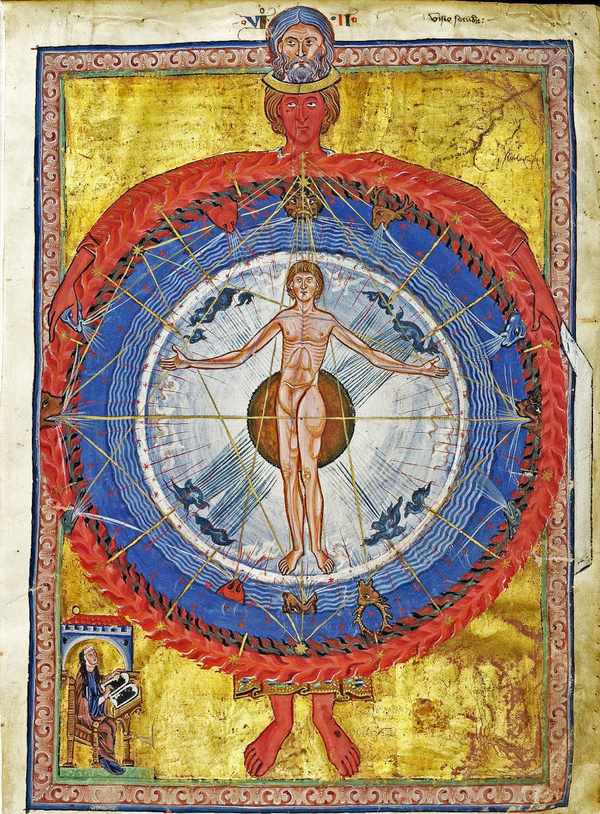 Three figures are nested within each other in a medieval manuscript leaf. The red middle figure has a large, open orb for its stomach that holds a slender, muscular man encircled by animal heads. A third head tops the red figure's head.