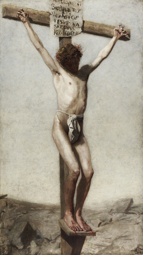 A painting shows a light-skinned Christ nearly naked save for a white wrap over his groin. His pale body is highlighed by his red crown of thorns and the blood flowing from his nailed hands and feet. The background is ambiguous and rocky.