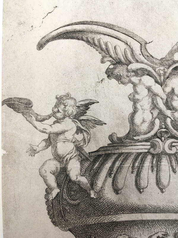 A detail of a fantastical etching of a ewer focuses on a putto sitting on the vessel. He brings a conch to his mouth. Also visible is a nude female harpy embedded in the ewer's neck.