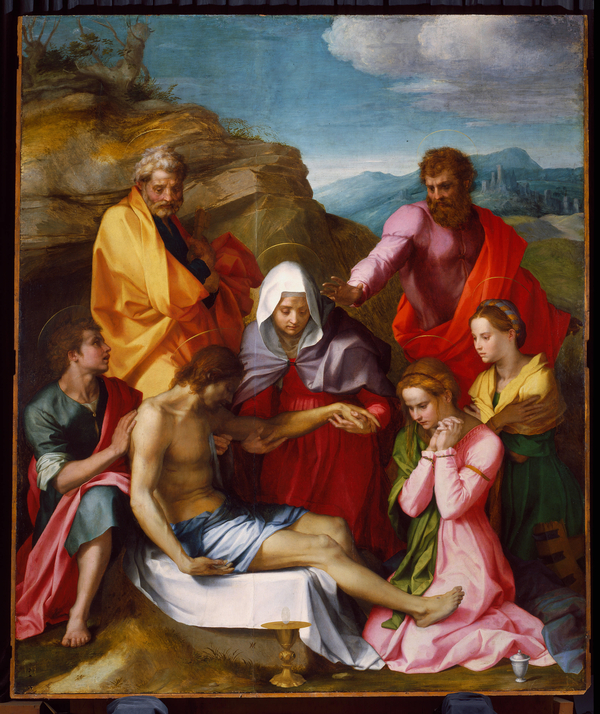 In a painting, light-skinned figures gather around a Christ's limp body. One man props him up as a woman in a white veil holds and examines the dead man's arm. A bearded man in pink and red dress stands and gestures dramatically at the group.