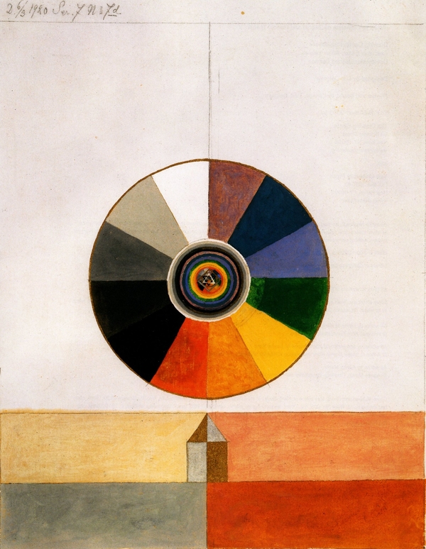 Abstract painting featuring a circle divided into multiple segments of block colour