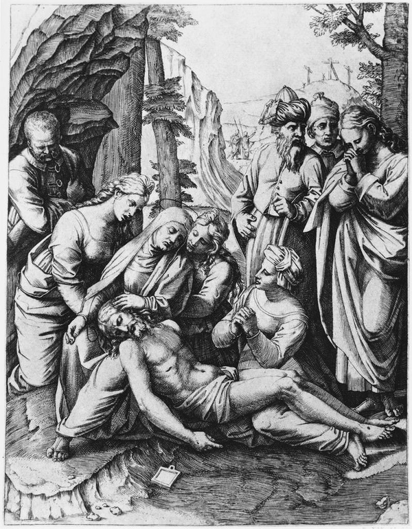 A black and white engraving depicts a dead Christ lying among a group of mourners. His head rests on the lap of a seated, haloed woman and his legs are thrown over the lap of another woman. Three crosses are visible on a hill in the background.