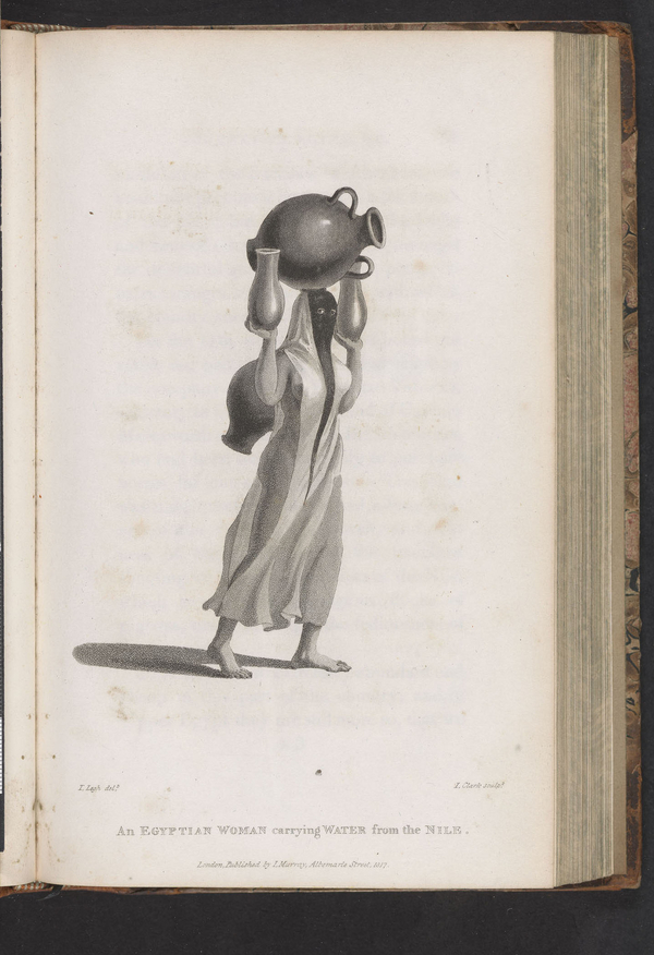 A drawing depicts a dark-skinned female figure in loose, flowing robes as she carries three jugs. One round, handled jug balances on her head while she holds a slender vessel in each palm. Her face is covered with a dark cloth but her eyes peek through.