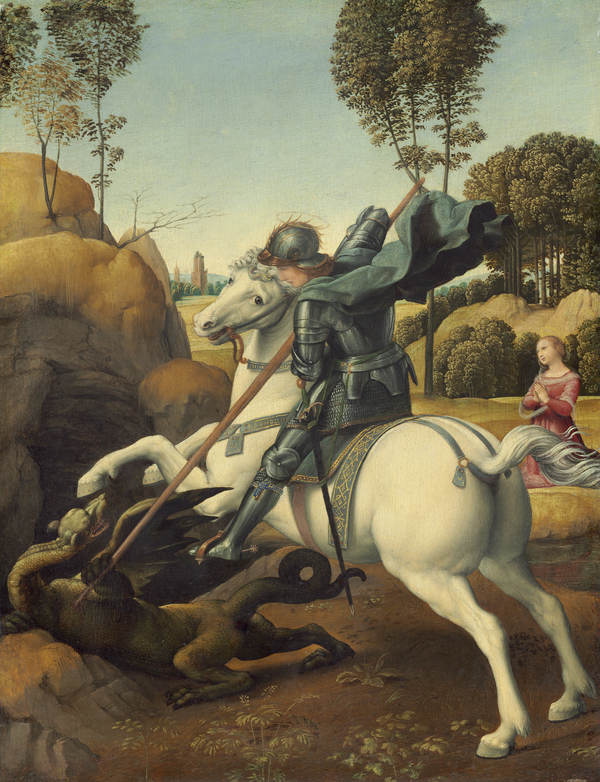 A painting depicts an armored, light-skinned figure on a bucking white horse as he confronts a reptilian dragon with a spear. In the background, a light-skinned woman in a pink dress kneels and prays.