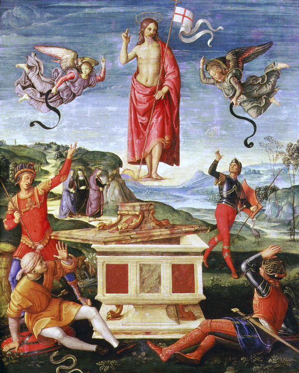 An oil painting shows a red-robed Christ floating in the air above a marble tomb with its lid ajar. Angels fly around the young white man who bears a white flag. Armored figures around the tomb gesture in surprise. In the background, the sun rises. 