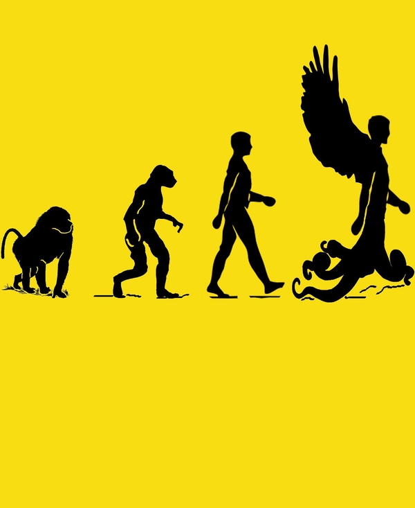 Computer-generated, black-colored figures walk in a line against a yellow background. A monkey evolves to stand on two feet to become a human that then evolves into a figure with wings and tentacles for legs. 