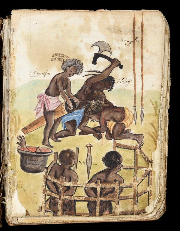 Watercolour showing captives tied up for a ceremonial sacrifice