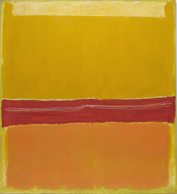 A painted yellow canvas actually includes multiple shades of yellow. There are three bands of various widths striped across a bright yellow background. A red stripe runs across the middle of the canvas's lower half.