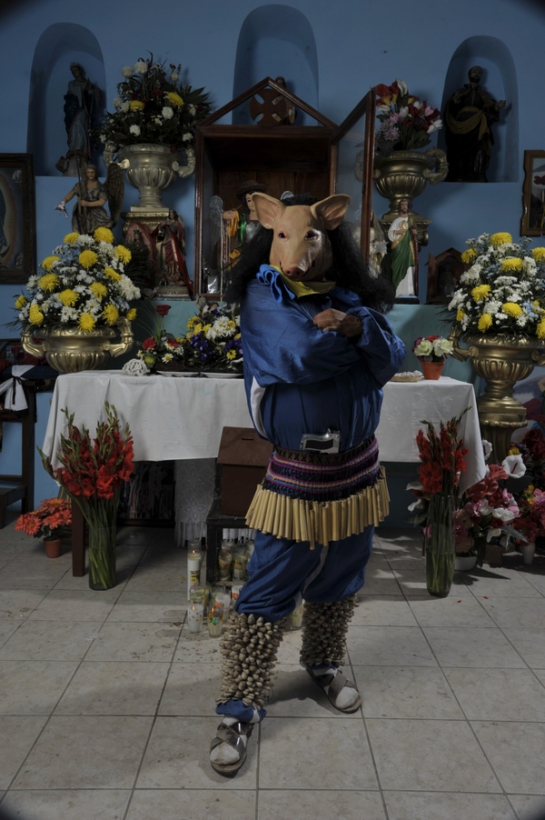 In a photograph, a figure in a lush blue costume stands in front of a flower-strewn altar. He wears a pig mask and crosses his arms defiantly. A gun is tucked in his waistband.