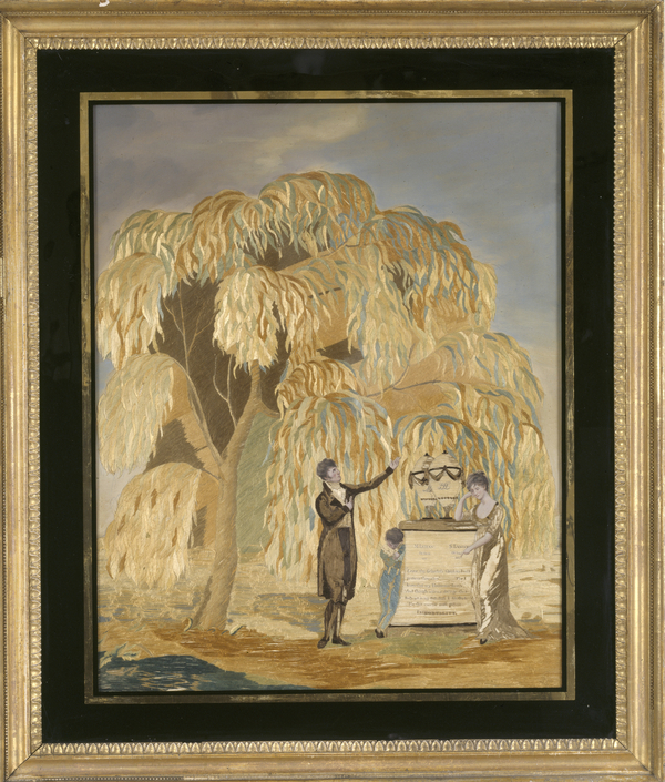 A painting depicts a small child, a woman, and a suited man gathered around two urns on a plinth. They are framed by the drooping leaves of the golden tree that they stand under. The man gestures in oration and the woman leans on the plinth.