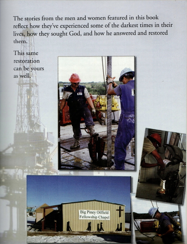 Scanned interior page of book featuring photographs of oil rig workers and an oilfield fellowship chapel