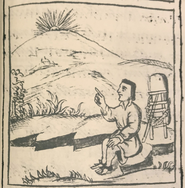 A black iillustration in a codex shows a seated merchantlooking and pointing up toward the setting sun. He sits on a rocky outcropping in the foreground as the sun disappears behind a mountain slope.