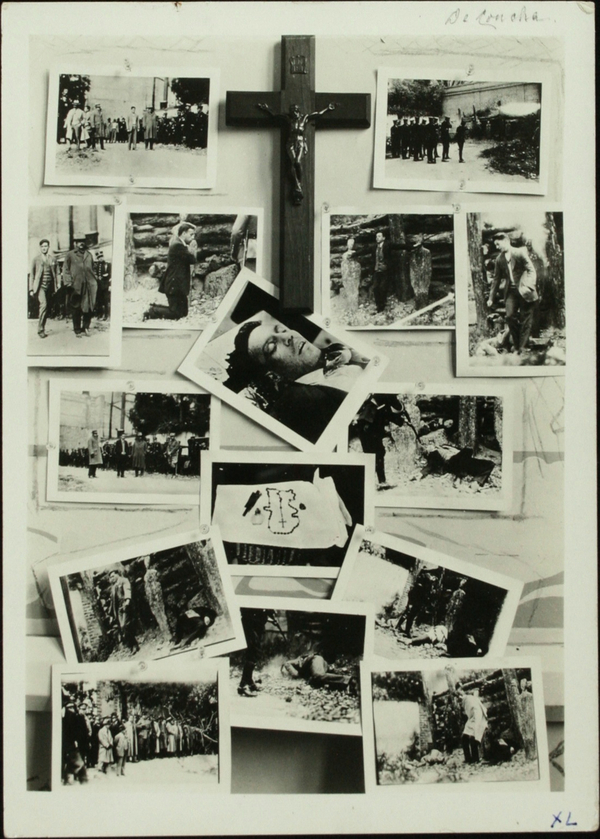 A black and white photo shows a shrine composed of photos of Cristero martyrs at various moments of martyrdom, including firing squads and kneeling in prayer. The images are laid out around a crucifix.