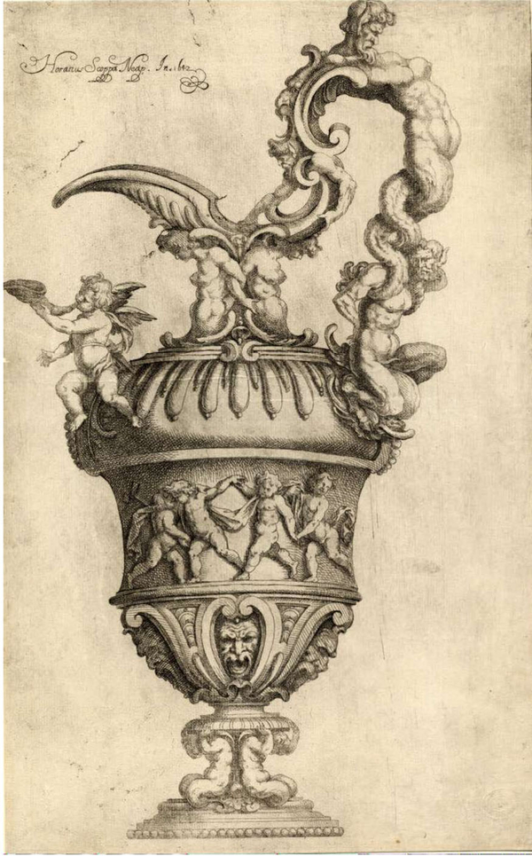 An etching depicts a fantastical ewer with muscular, impossibly twisting figures embedded in the handle and neck. A putto sits atop the vessel and blows a conch while more putti dance on the body of the jug. 