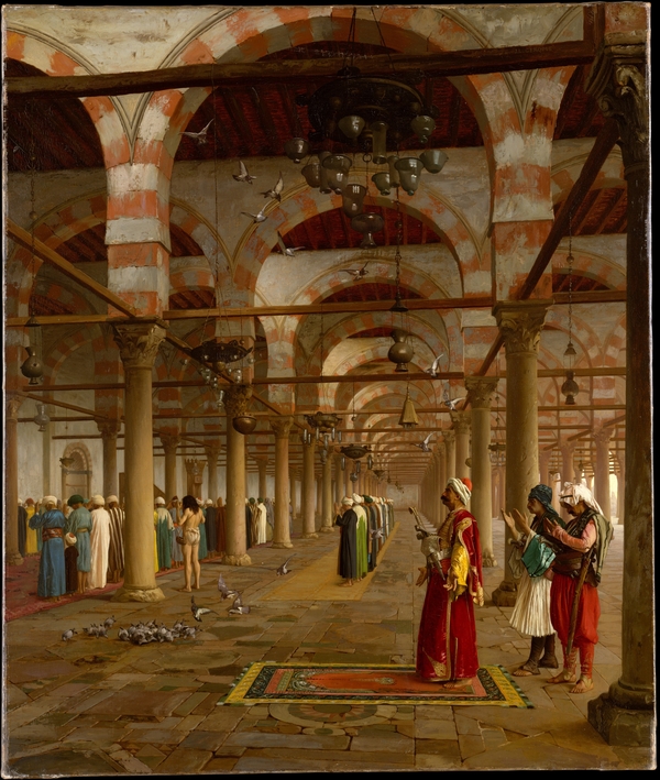 A painting depicts an expansive mosque interior with pattered red and white arches and hanging lamps. Figures wearing lush colorful robes assemble inside.  