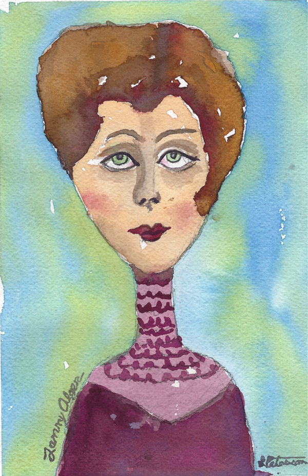 A watercolor depicts a light-skinned woman with an overly long neck dressed in purple. She has large green eyes, short brown hair, and red lips. The background of the portrait is blue-green.