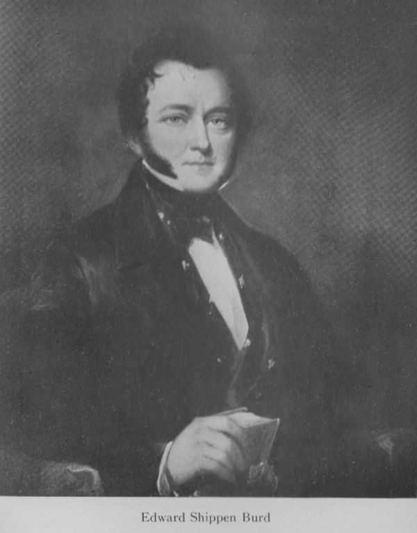 A man in a nineteenth century waistcoat and bow tie holds a book and looks out at the viewer in this portrait. It is labeled "Edward Shippen Burd."