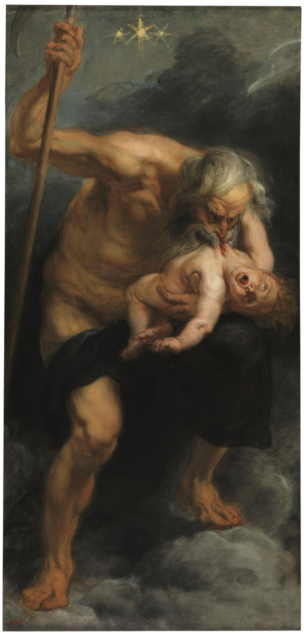 An oil painting shows Saturn in the process of devouring his son. He is depicted old and naked and with his young son cradled in one arm. He sinks his teeth into the chest of the writhing child, who looks out at the viewer in pain.