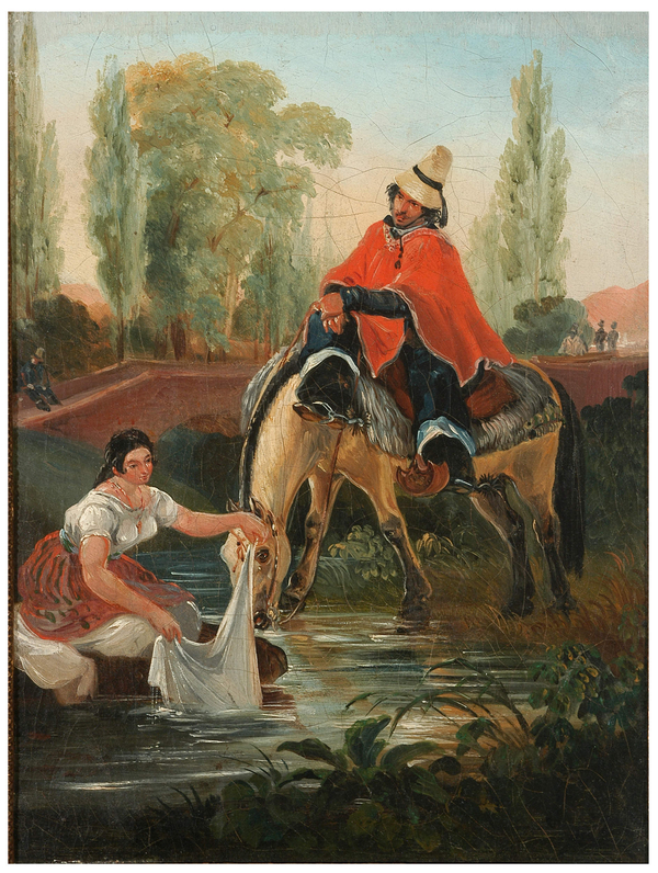 An oil painting depicts a medium-dark skinned man in a red manta and straw chupalla approaching a woman by horse. She kneels by a stream washing a white cloth.
