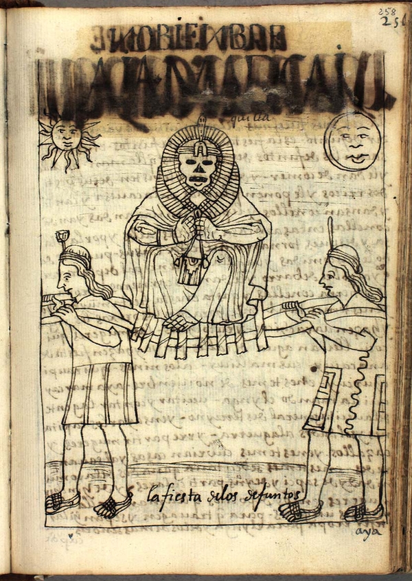 A manuscript drawing depicts two figures carrying a robed, skeletal figure on a litter. From this seated position, he holds his arms to his chest and pulls his legs in close beneath his robes.  