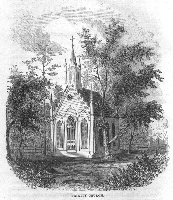 A black and white illustration of a church represents its short nave, pointed windows, and a steep gable. The flat front entrance includes decorative tracery and a tall steeple. The building is depicted nestled in some grass and trees.