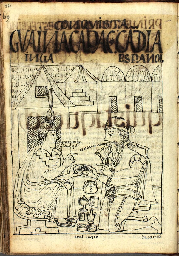 A manuscript line drawing depicts a man in a sixteenth century doublet kneeling in front of a seated, robed man. They both grasp a plate with circular granules on it while other vessels are arrayed between them. Text issues from both men's mouths.