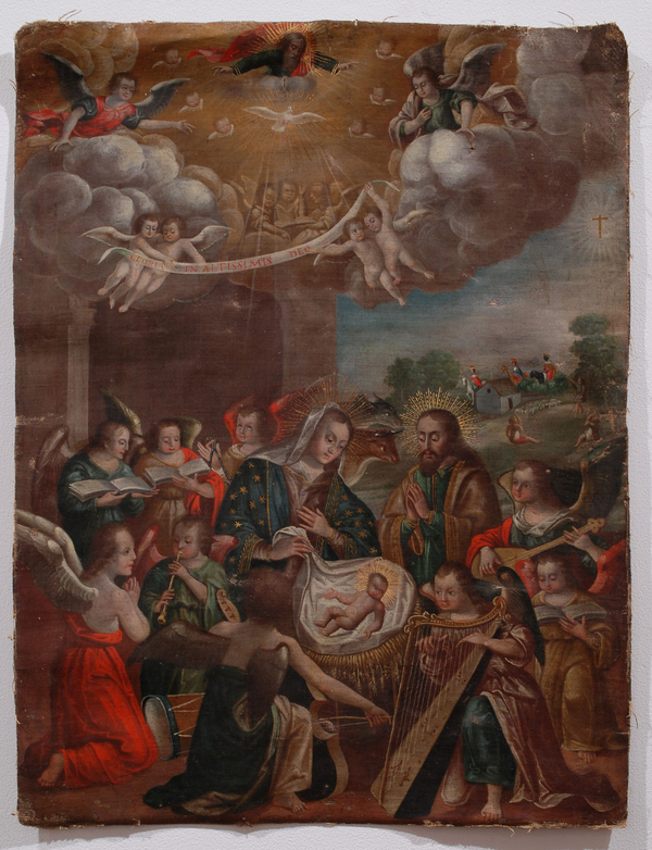 A painted nativity scene is divided into two registers. Winged figures with instruments gather around Mary, Joseph, and small Christ child in the foreground. The sky opens up to putti and a male figure floating in the clouds.