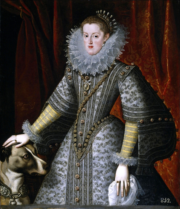 An oil painting depicts a light-skinned Queen Margaret in an elaborate silver dress decorated with lace, jewels, and embroidery. She stares out at the viewer and reaches down to stroke the head of a dog beside her.
