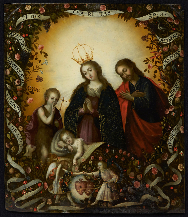 The border of a nativity scene includes green garland and a scroll inscribed with Latin virtues. An adolescent Christ sleeps beneath a bedspread covered with flowers as Mary, Joseph, and a young John the Baptist look on.