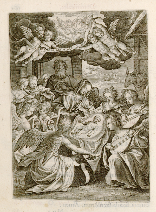 An engraved nativity scene captures winged musicians gathered around Mary, Joseph, and a Christ child in a cradle. Clouds part above them to reveal flying angels.