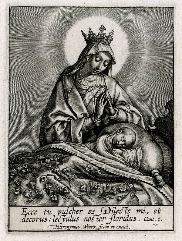 An engraving depicts the Christ child sleeping beneath a flower-strewn bedspread. Mary folds her hands in prayer and looks on. She wears a crown that radiates a large burst of light.