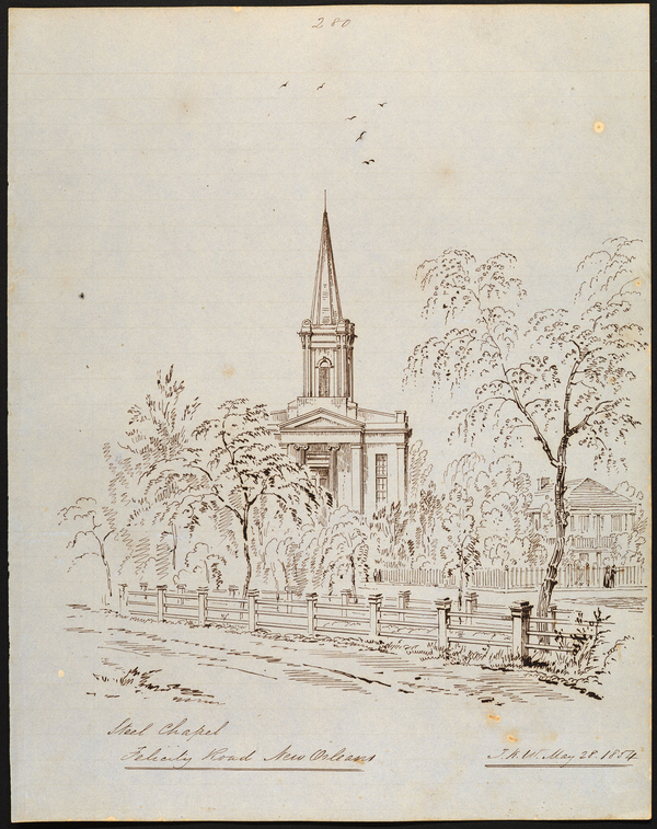 An illustration depicts a steepled church with columns from some place on a road. The building peeks out behind some trees. 