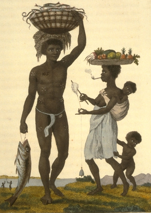 A colored engraving shows an African couple with two small children. The nearly naked man balances a large basket of fish on his head while his wife approaches him smoking a pipe. She balances a tray of fruit on her head while spinning wool.