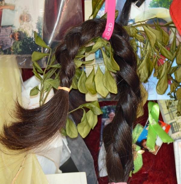 Plait of human hair mixed with green leaves