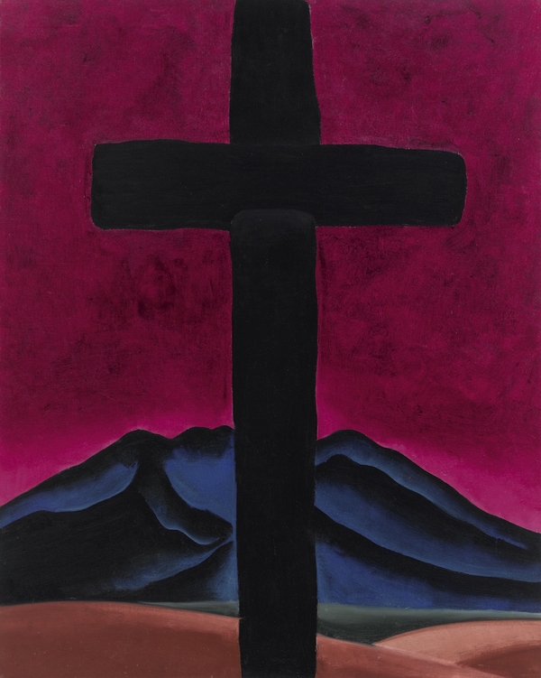 A dark black cross stands large and centered in the foregound. A bright red sky takes up most of the space behind it while dark blue mountains rise near the bottom of the frame. 
