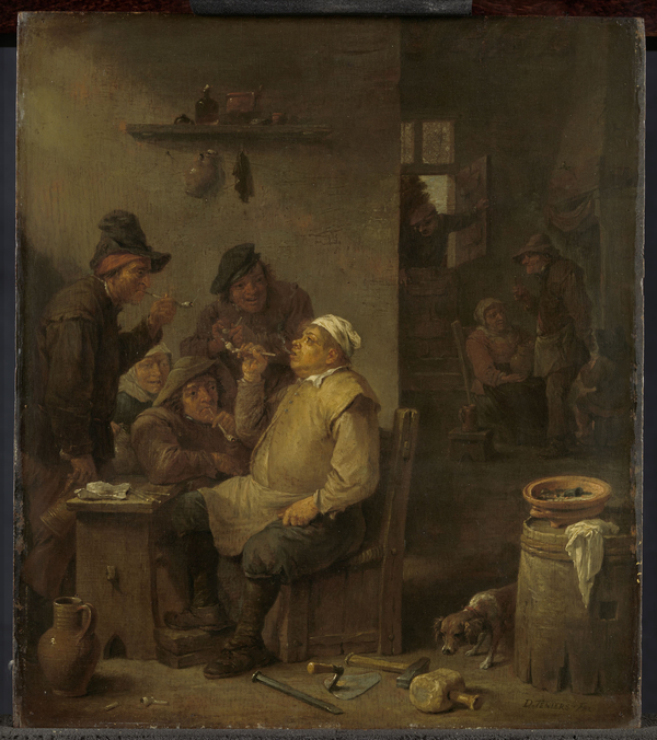 An oil painting depicts bricklayers in a dark tavern sitting around a low table with pipes in hand. A pipe with a broken stem lies on the floor by the bricklayers’ tools and a curious dog.