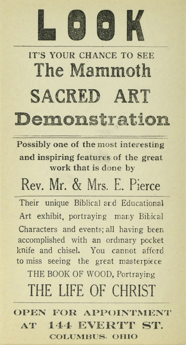 A entirely textual advertisement begins with a bold "LOOK" and is printed with the words "IT'S YOUR CHANCE TO SEE The Mammoth SACRED ART Demonstration." Different typefaces describe the show, with emphasis on attribution to "Rev. Mr. and Mrs. E. Pierce." 