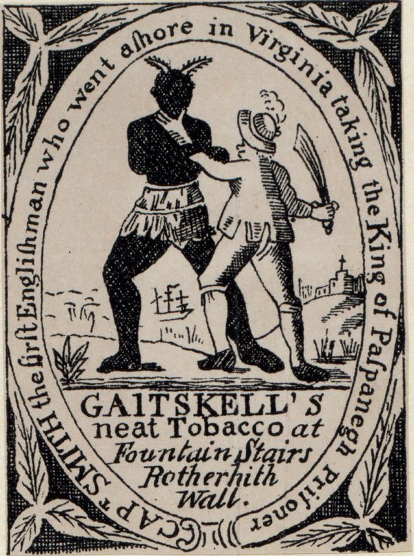 An engraving depicts a colonial man waving a sword and choking a dark-skinned, faceless man. A ribbon encircling the image reads, "CAPT SMITH the first Englishman who went ashore in Virginia taking the King of Palpanegh prisoner."