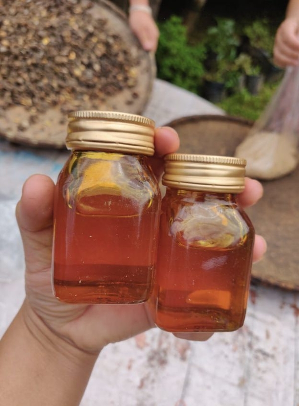 A tan-skinned hand holds two small glass jars of amber colored honey. They are screwed shut with golden caps.